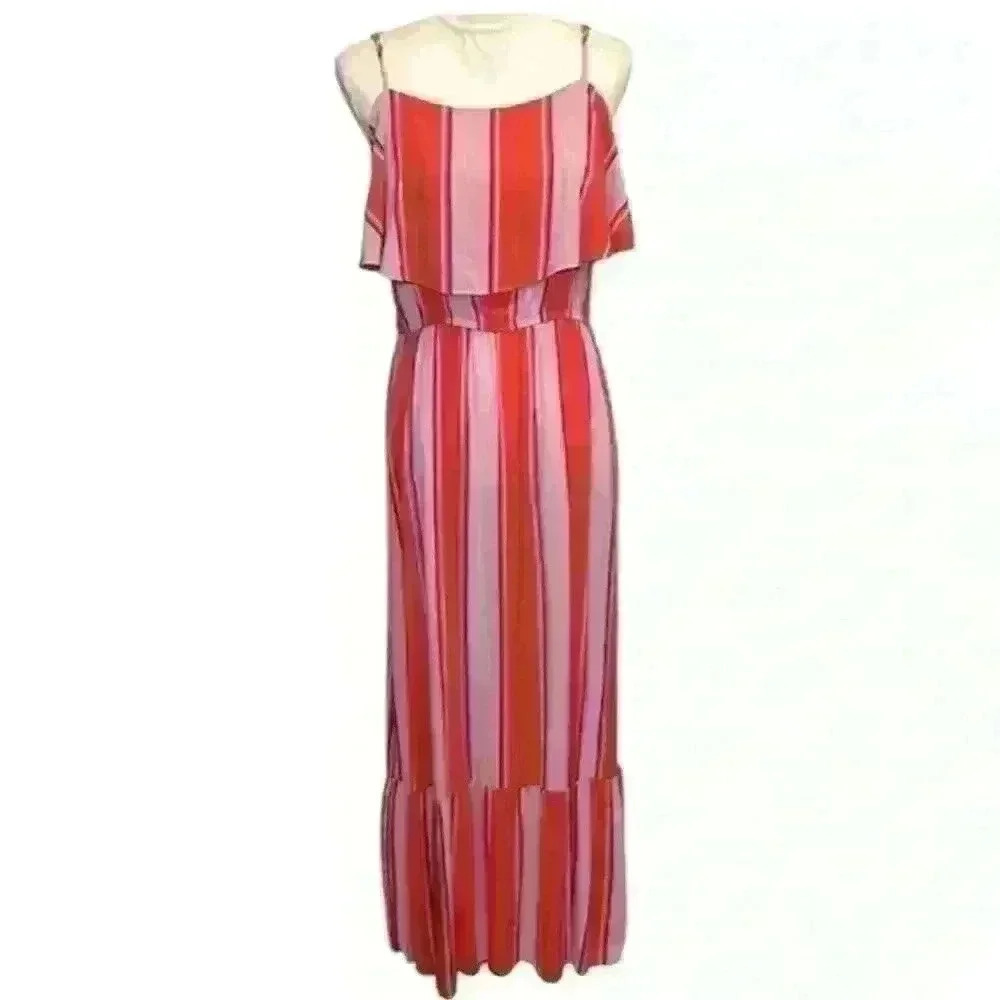 Old Navy Maxi Dress Pink Orange. Adjustable Spaghetti Strap. Layered. Sz Medium
